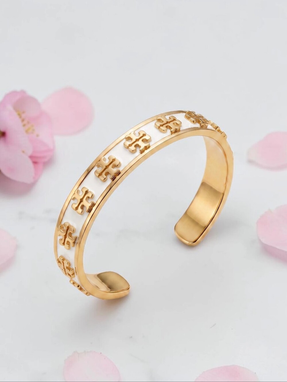 Tory Burch Kira White Enameled Raised Logo Cuff Bracelet
